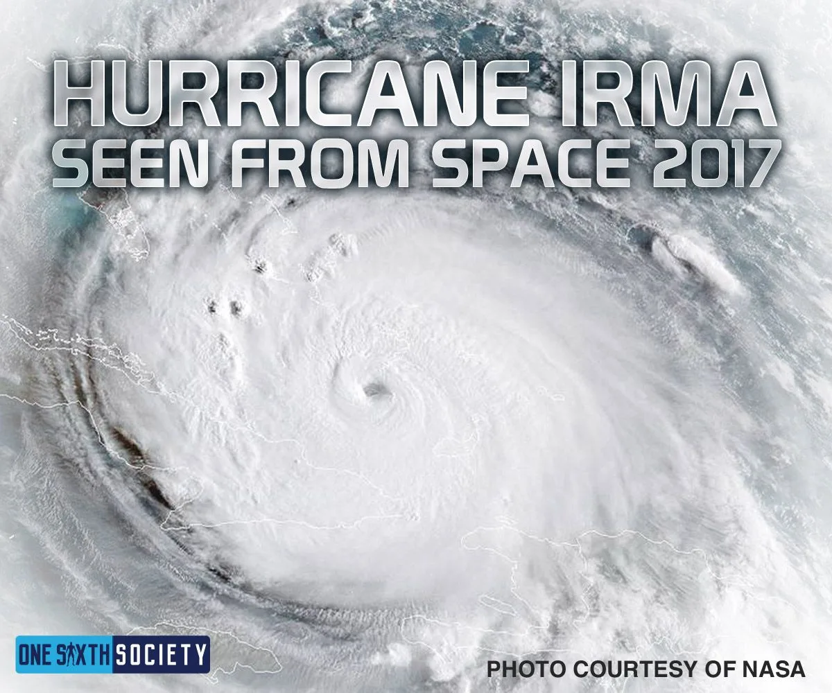 Satellite view of a swirling hurricane, labelled Hurricane Irma Seen from Space 2017 and credited to NASA.