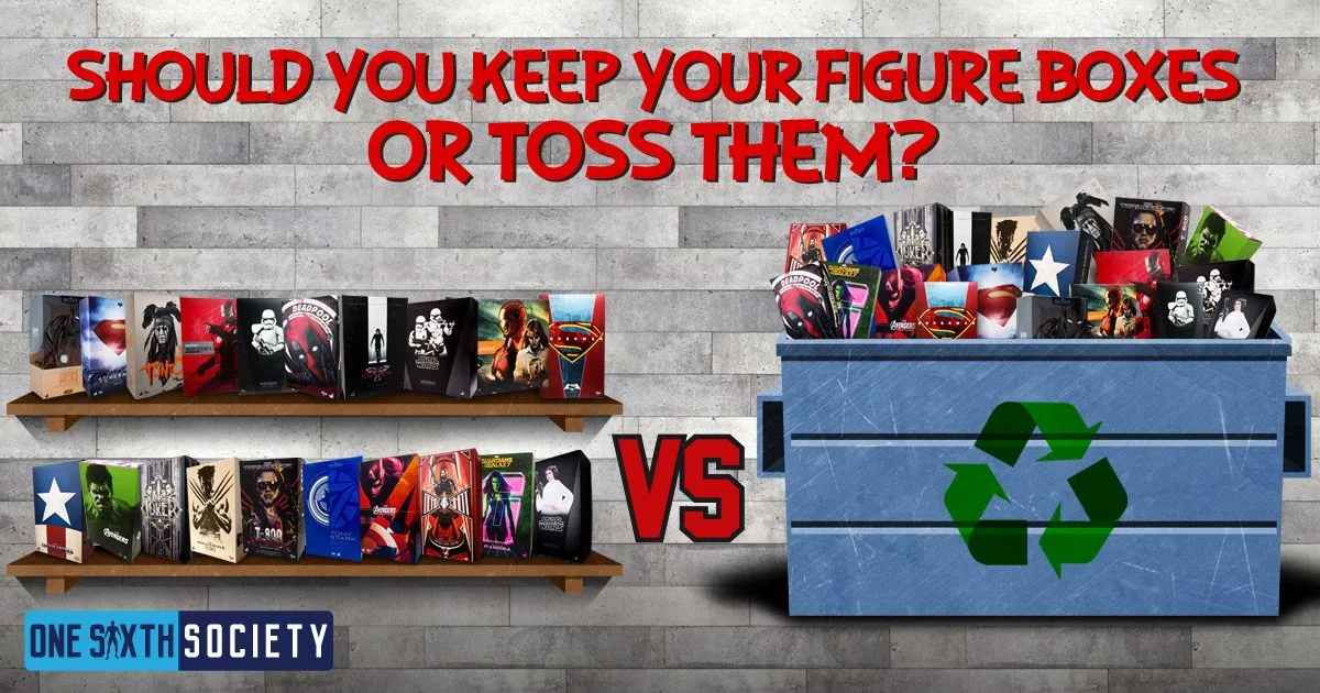Illustrated comparison of figure boxes displayed on shelves and placed in a recycling container, asking whether to keep or discard them.