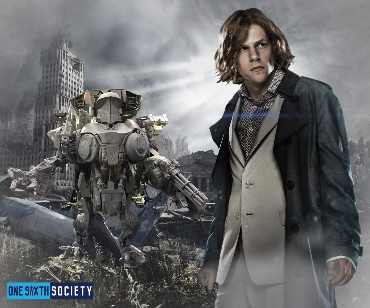 Editorial villain montage pairing the heavily armed RoboCain robot with a long-haired Lex Luthor in a gray coat.