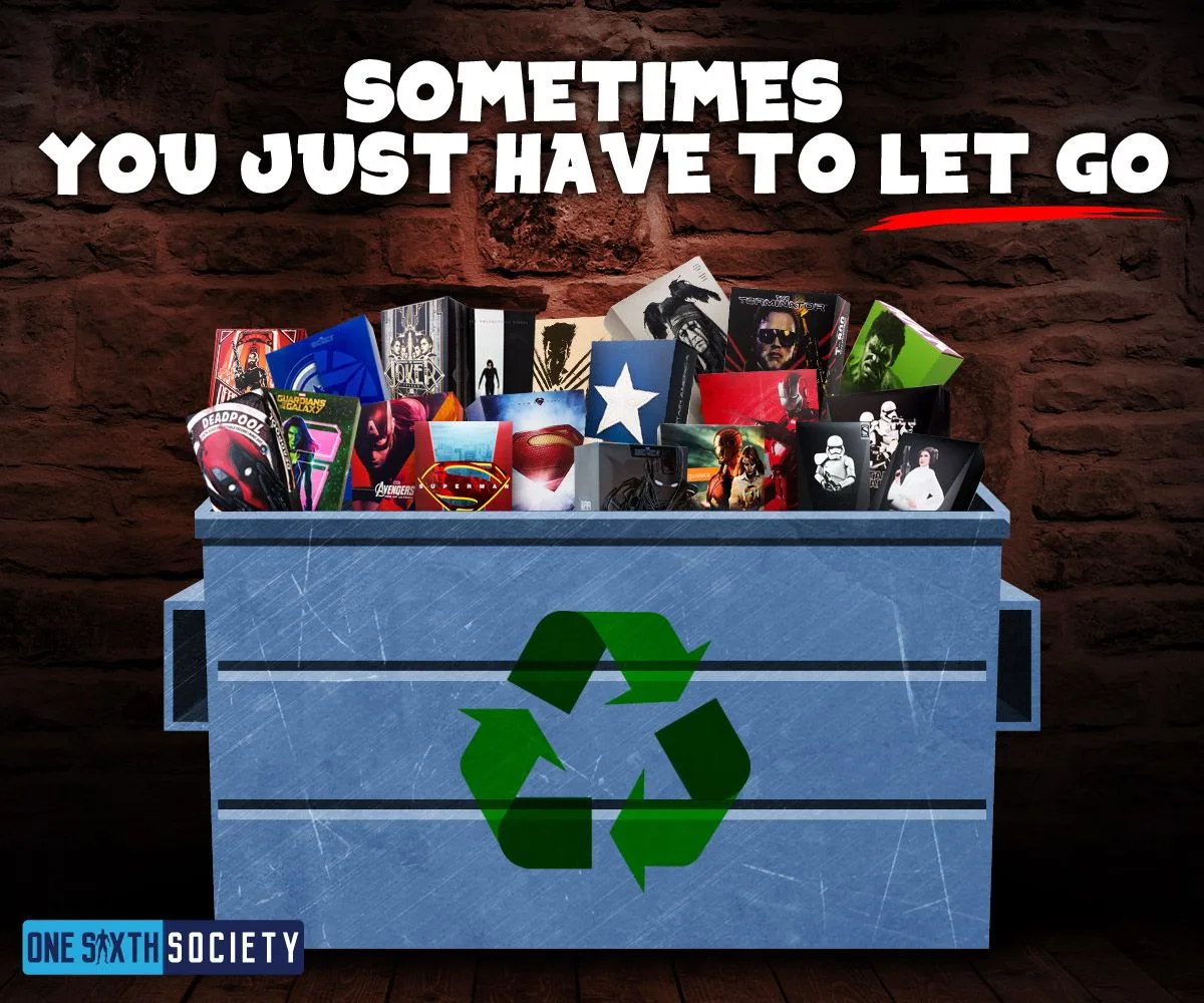 Illustration of colorful collectible boxes in a recycling container beneath the words, Sometimes you just have to let go.