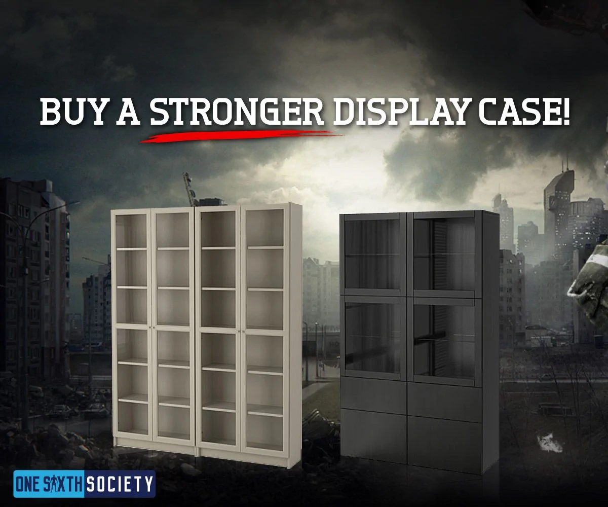 Illustration of a white glass-door cabinet and a dark display cabinet beneath the advice, Buy a stronger display case.