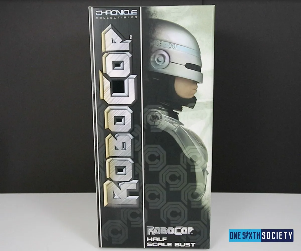 Tall Chronicle Collectibles box with vertical RoboCop lettering and a side-profile image of the half-scale bust.