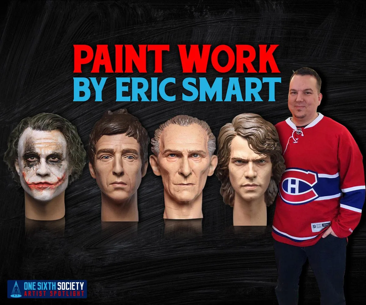 Showcase labelled Paint Work by Eric Smart, combining a portrait in a red hockey jersey with four painted head sculpts, including a white-faced Joker.