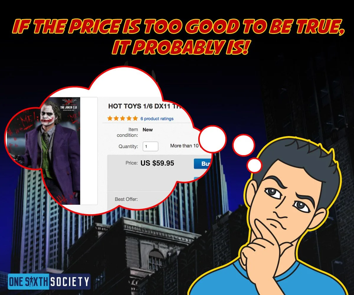 Cartoon buyer considering a Joker figure listing beneath the warning that a price too good to be true probably is.