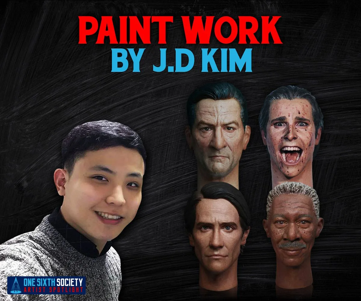 Showcase labelled Paint Work by J. D. Kim, with a portrait above four painted heads showing varied skin textures, facial hair and a bloodied open-mouth expression.