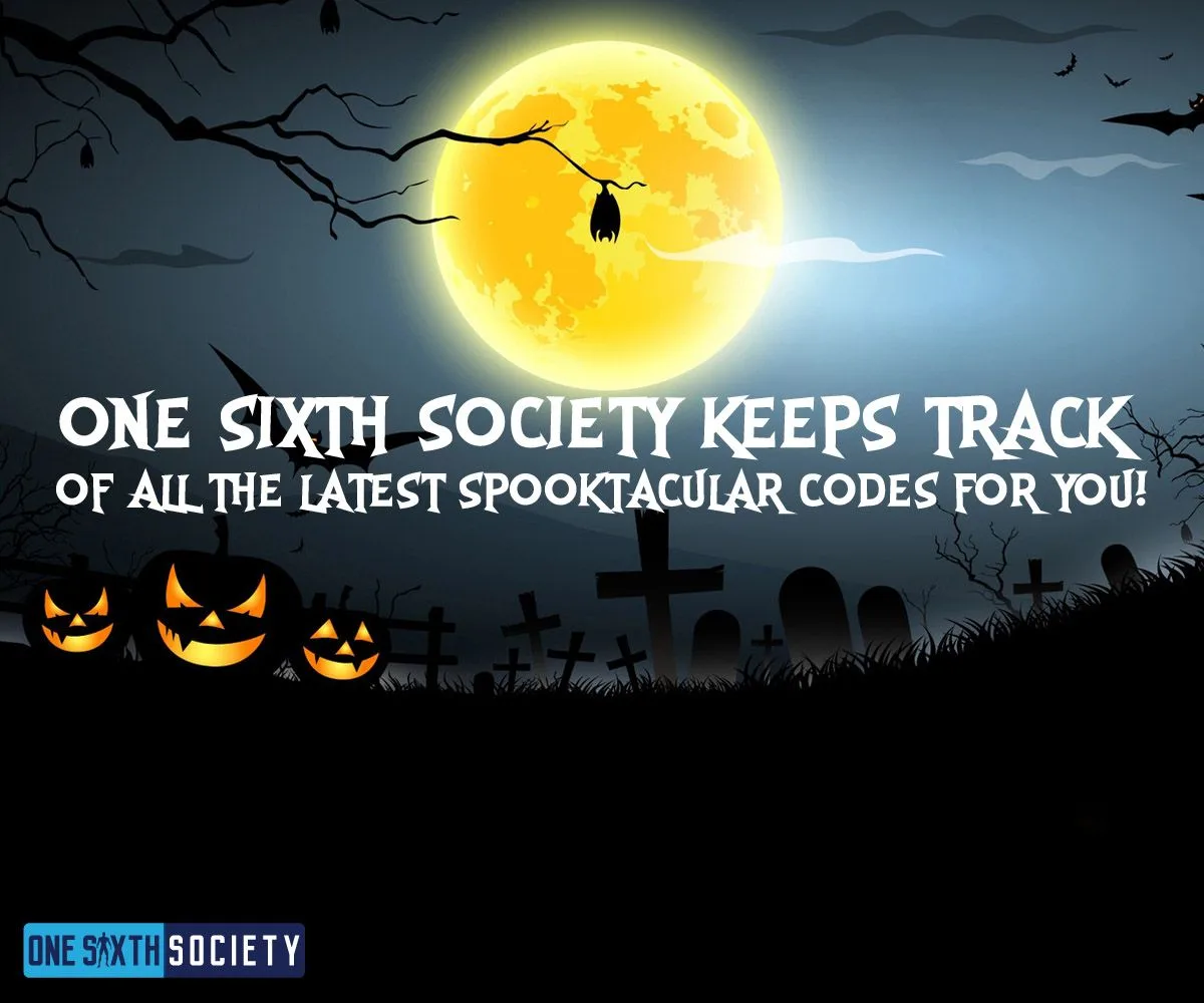 Historical One Sixth Society code-roundup graphic with a full moon, jack-o'-lanterns, bats and a graveyard silhouette.