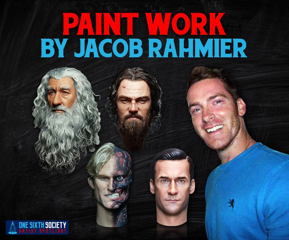 Showcase labelled Paint Work by Jacob Rahmier, with a portrait above four painted heads featuring a long white beard, a dark beard, facial burns and slick black hair.