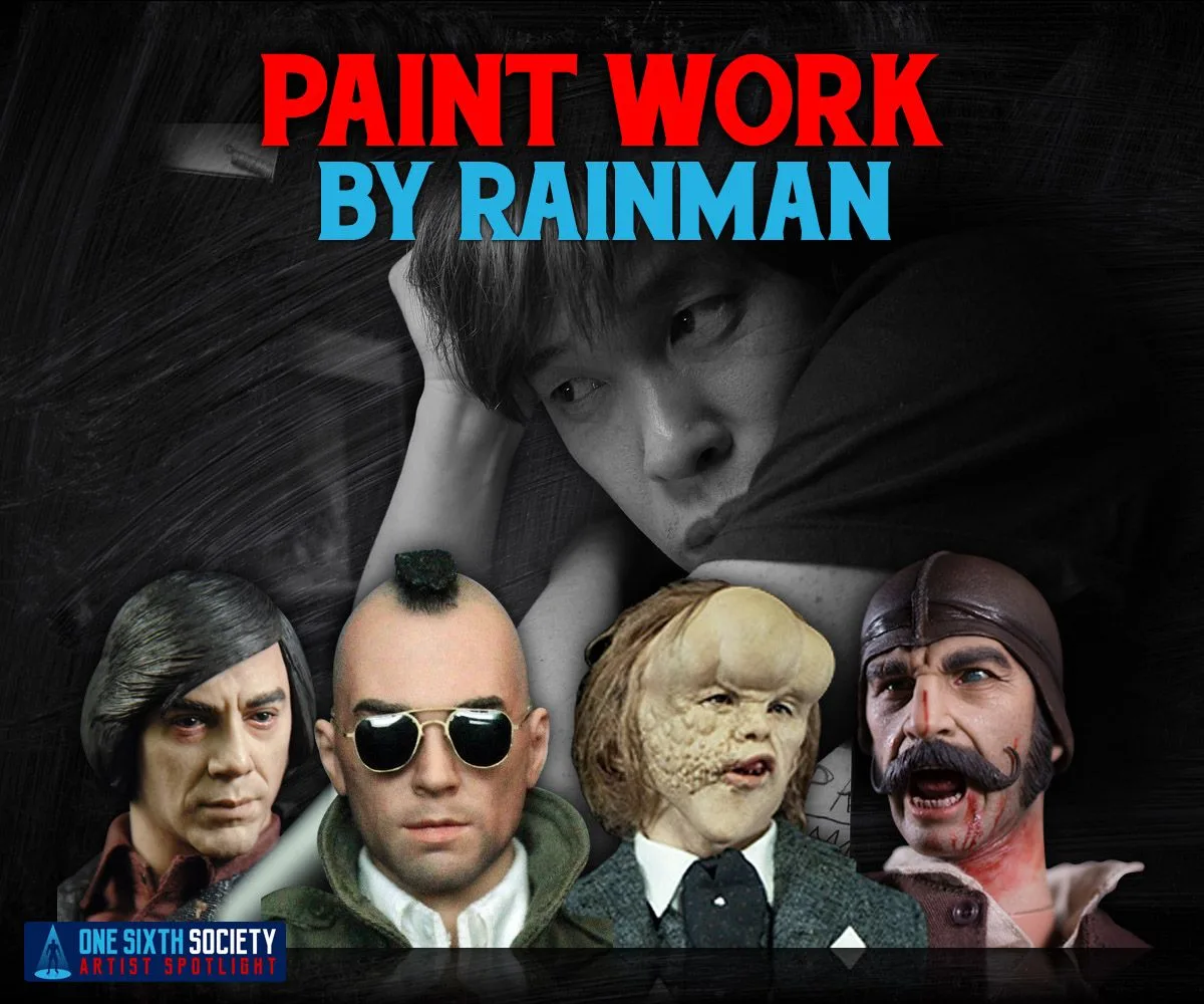 Showcase labelled Paint Work by Rainman, with a black-and-white portrait above four character head sculpts, including a mohawk and a tall black hat.