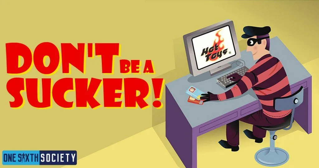 Cartoon masked thief using a computer with a Hot Toys logo beside the warning Don't Be a Sucker.