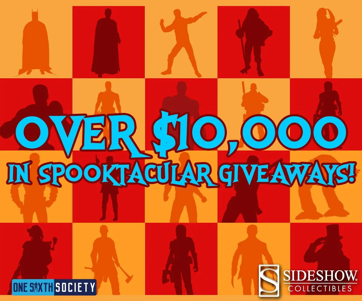 Historical Spooktacular graphic advertising over $10,000 in giveaways over an orange-and-red grid of character silhouettes.