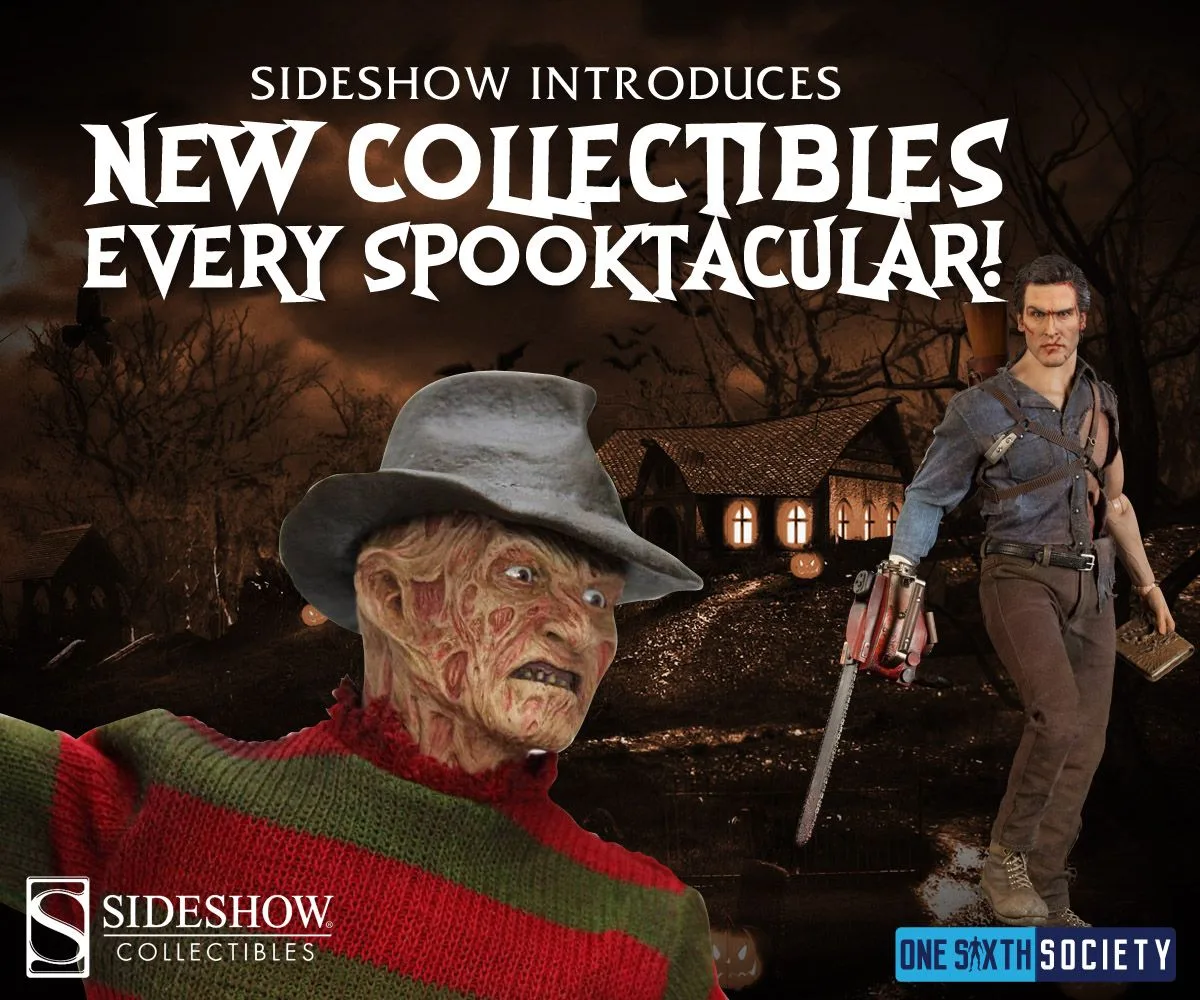 Freddy Krueger and Ash Williams collectibles beside historical Sideshow text announcing new collectibles during Spooktacular.