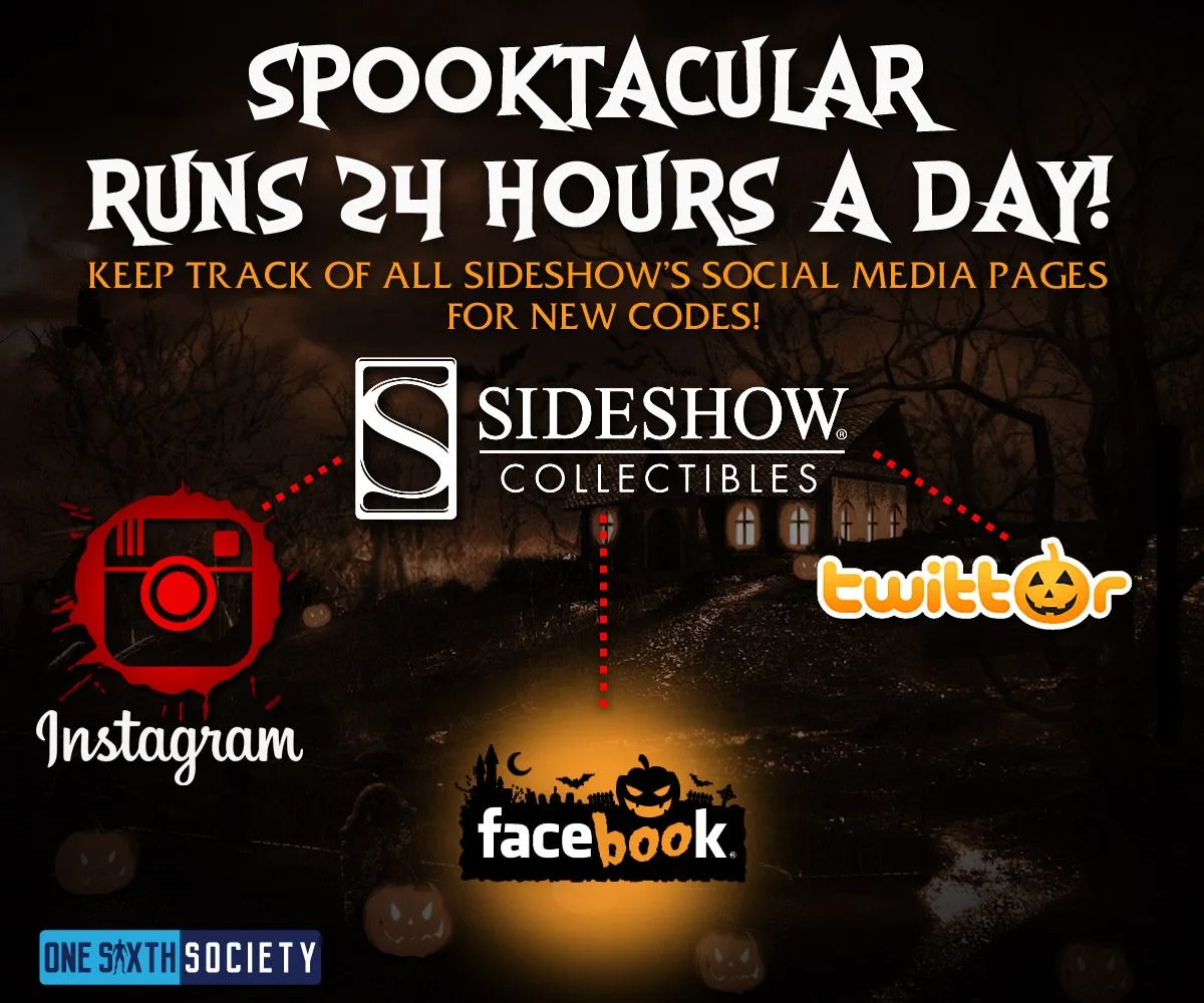Sideshow Spooktacular graphic directing readers to Instagram, Twitter and Facebook for codes during the historical event.