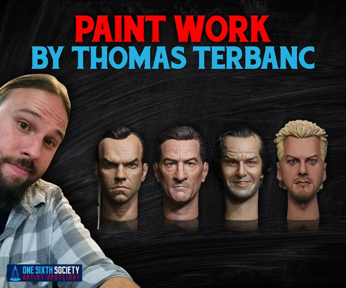 Showcase labelled Paint Work by Thomas Terbanc, with a portrait above four painted heads showing a scowl, a stern expression, a broad grin and a blond beard.