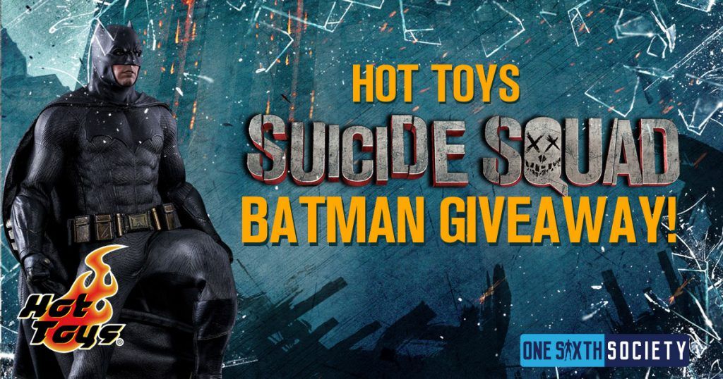 Archived Hot Toys Suicide Squad Batman giveaway graphic with a full-length figure and close-up of the black cowl.