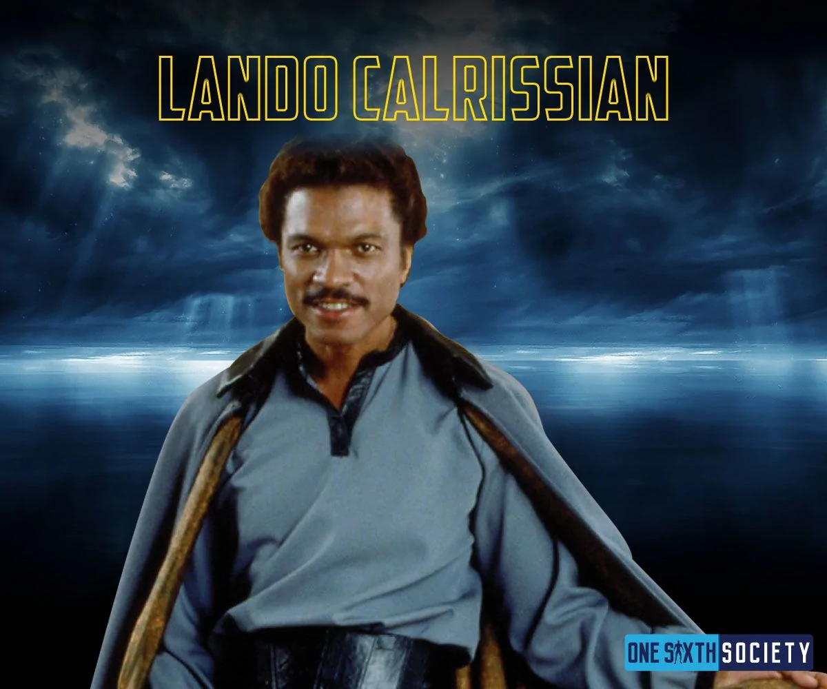 Lando Calrissian in a blue shirt and dark cape beneath his name against a blue clouded backdrop.