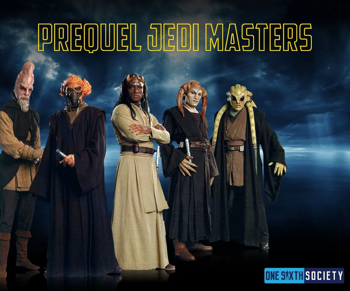 Five robed prequel-era Jedi characters standing together beneath the title Prequel Jedi Masters against a blue clouded backdrop.