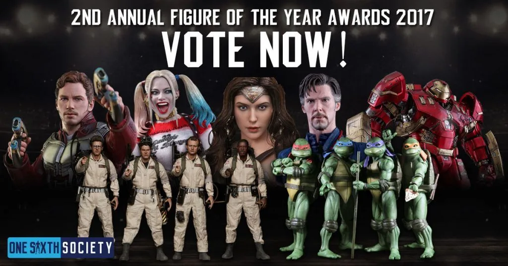 Historical 2017 Figure of the Year voting graphic with Wonder Woman, Hulkbuster, Ghostbusters, Doctor Strange, Harley Quinn, Ninja Turtles and Star-Lord.