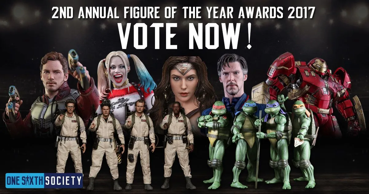 Historical 2017 Figure of the Year voting graphic with Wonder Woman, Hulkbuster, Ghostbusters, Doctor Strange, Harley Quinn, Ninja Turtles and Star-Lord.