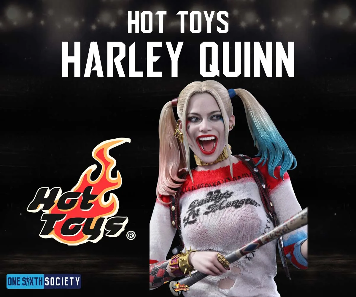 Smiling Hot Toys Harley Quinn figure with pink-and-blue pigtails, a printed shirt and baseball bat in the 2017 nominee graphic.