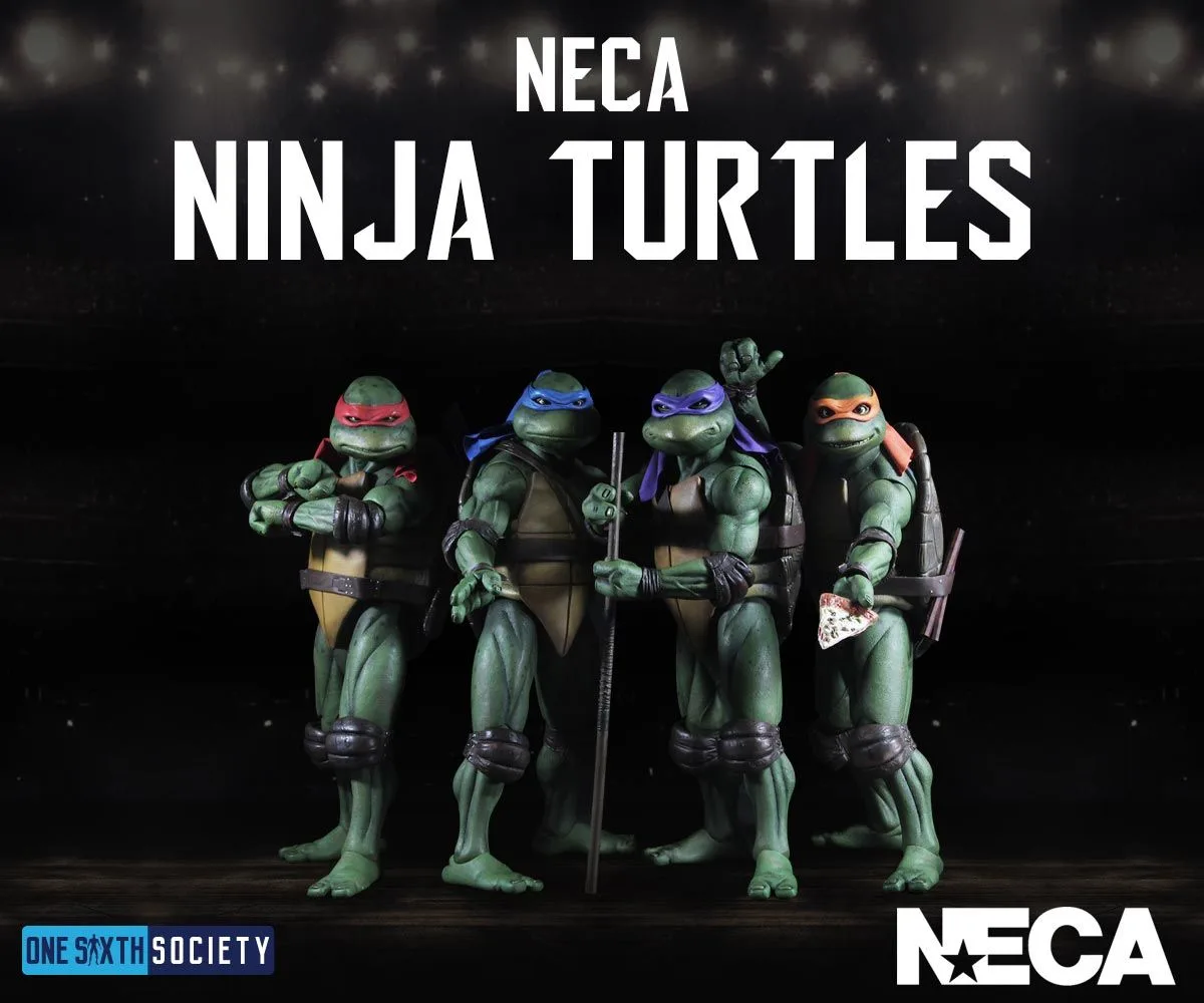 NECA's four movie Ninja Turtles posed together with their distinct colored masks and weapons in the 2017 awards graphic.