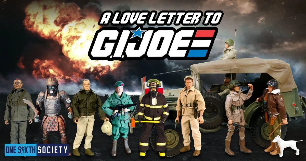 A Love Letter to G.I. Joe graphic with a lineup of military and adventure figures beside a canvas-topped vehicle.