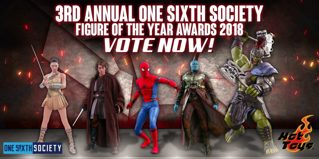 Historical 2018 awards voting graphic featuring Hot Toys Wonder Woman, Anakin Skywalker, Spider-Man, Yondu and Gladiator Hulk.