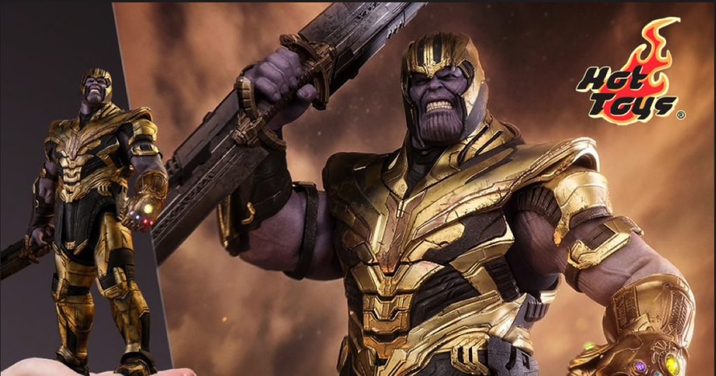 Hot Toys Endgame Thanos in gold armor, shown full length and in a close-up with a grimacing expression and sword resting over his shoulder.