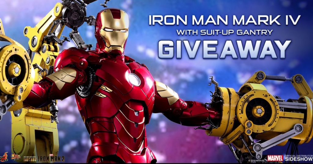 Archived giveaway graphic showing Hot Toys Iron Man Mark IV surrounded by yellow suit-up gantry arms.