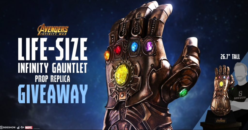 Archived life-size Infinity Gauntlet giveaway graphic with a close-up of its six colored stones and a smaller view of the replica on its base.