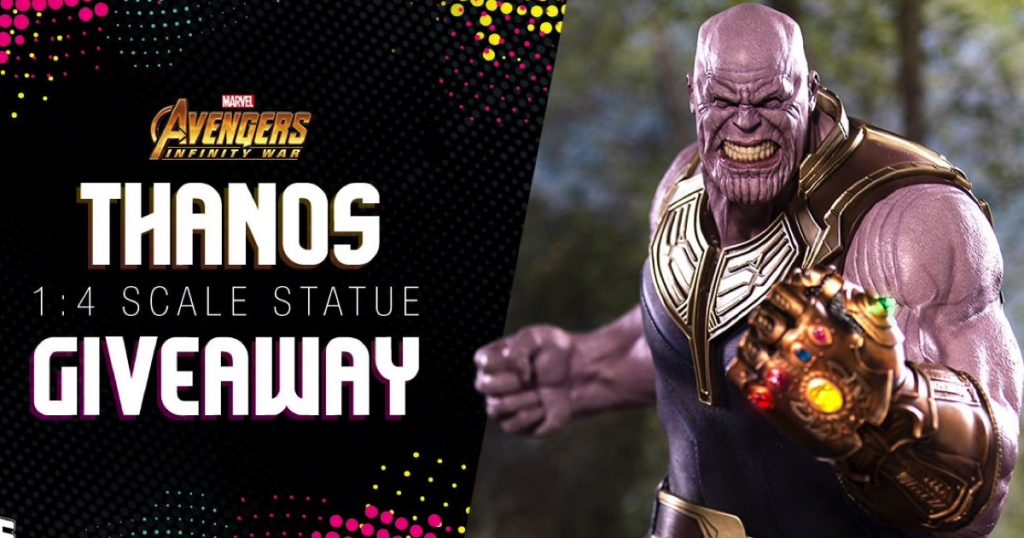 Archived Iron Studios quarter-scale Thanos giveaway graphic showing him baring his teeth with the Infinity Gauntlet extended.