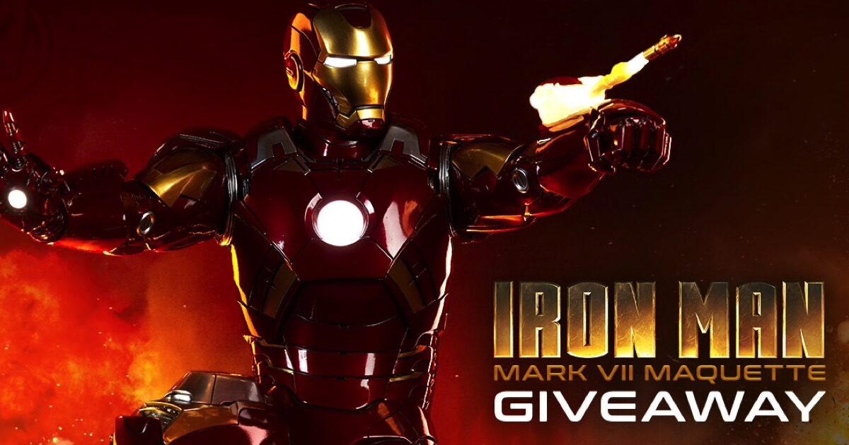 Archived Iron Man Mark VII maquette giveaway graphic showing red-and-gold armor with bright eyes, chest reactor and a wrist weapon effect.
