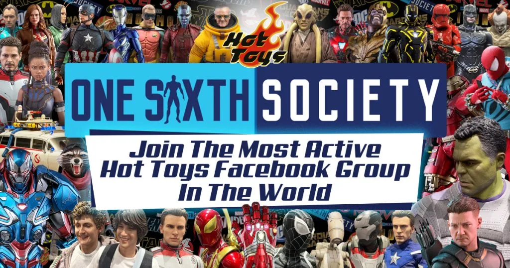 One Sixth Society Facebook group invitation surrounded by collectible figures, with the group logo across the center.