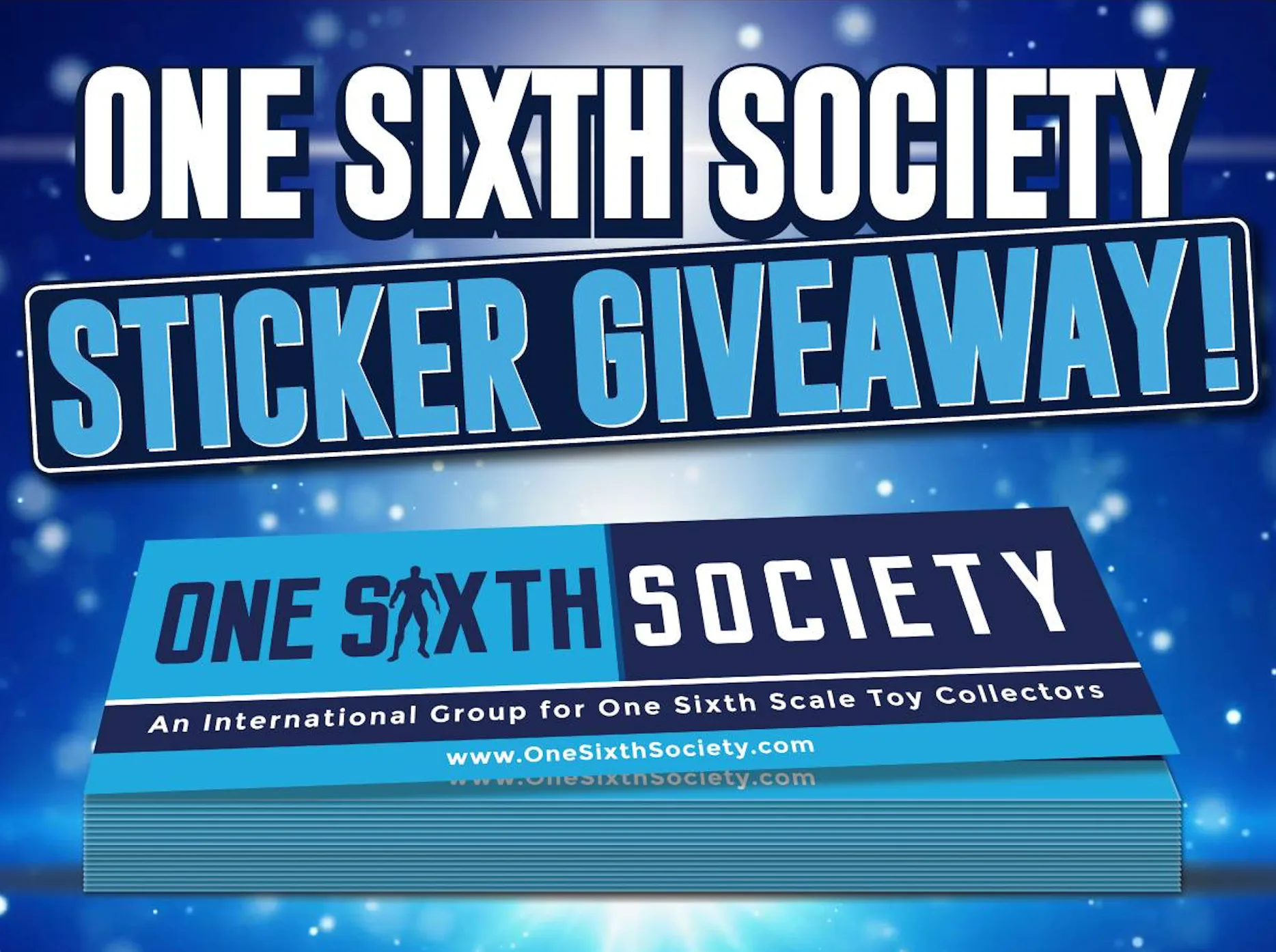 One Sixth Society Sticker Giveaway graphic with a stack of blue-and-black collector-group stickers.