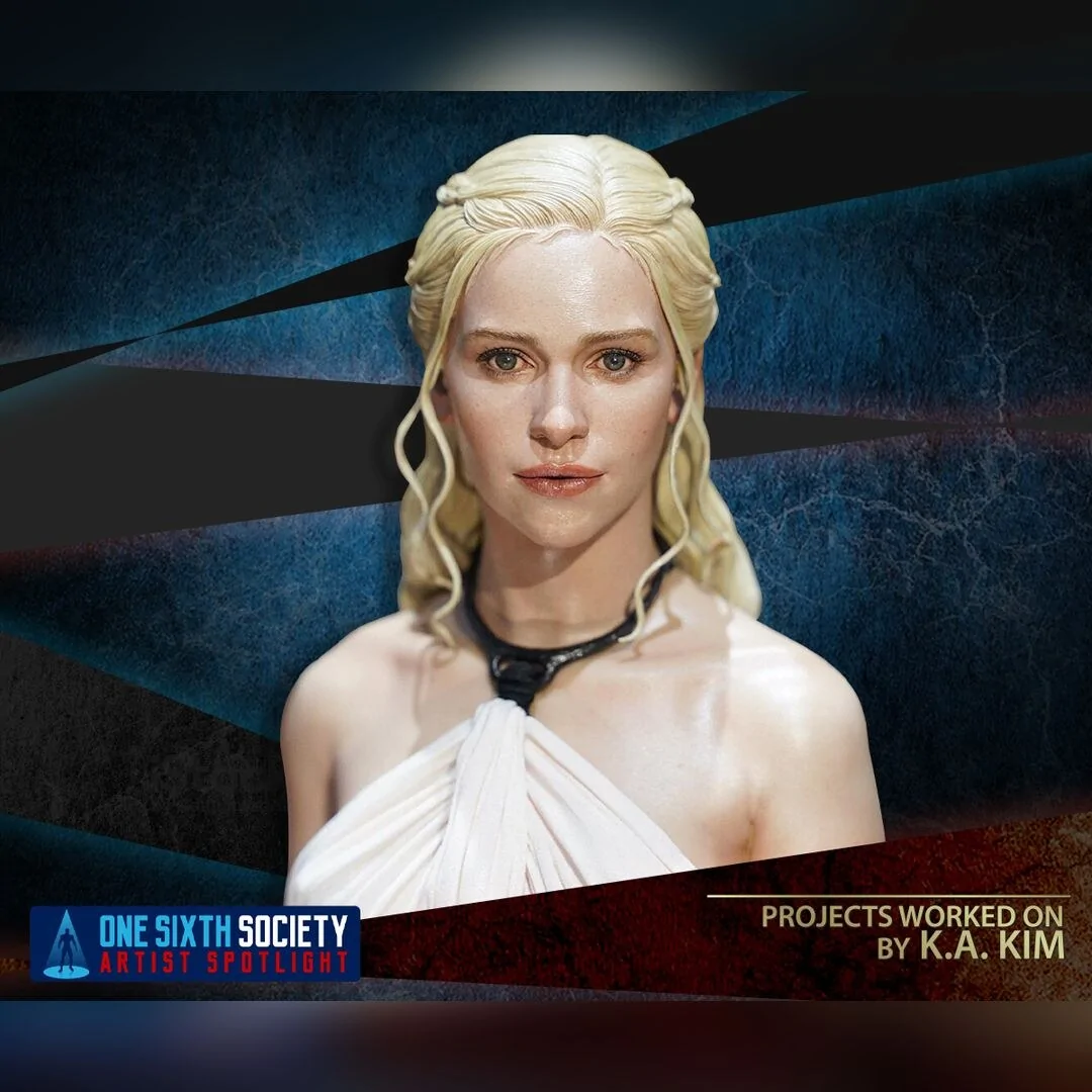 Close-up of K.A. Kim's Daenerys Targaryen sculpt with braided blonde hair, a white dress and a dark neck ornament.