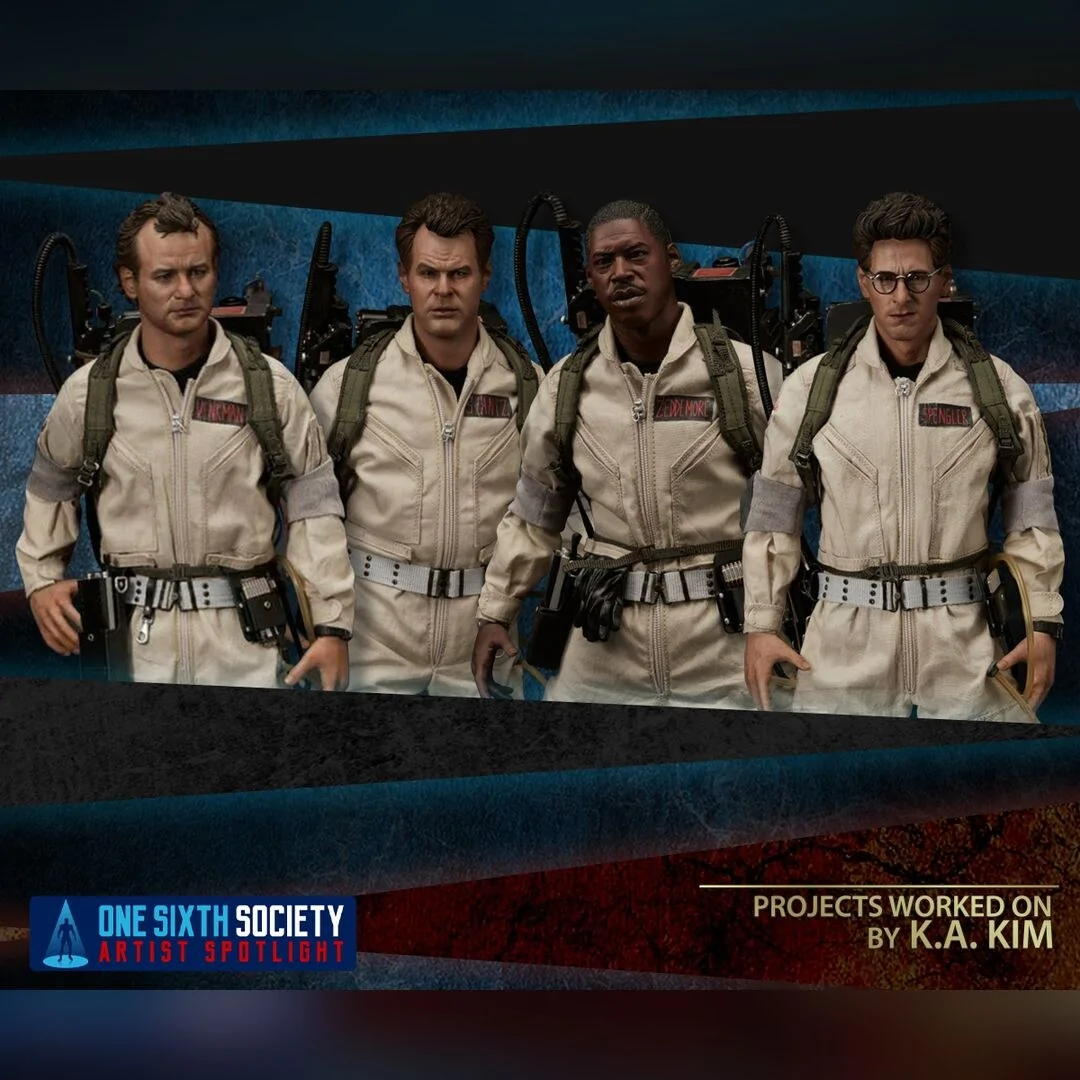Four Blitzway Ghostbusters figures in beige uniforms with proton-pack equipment, presented in K.A. Kim's project collage.