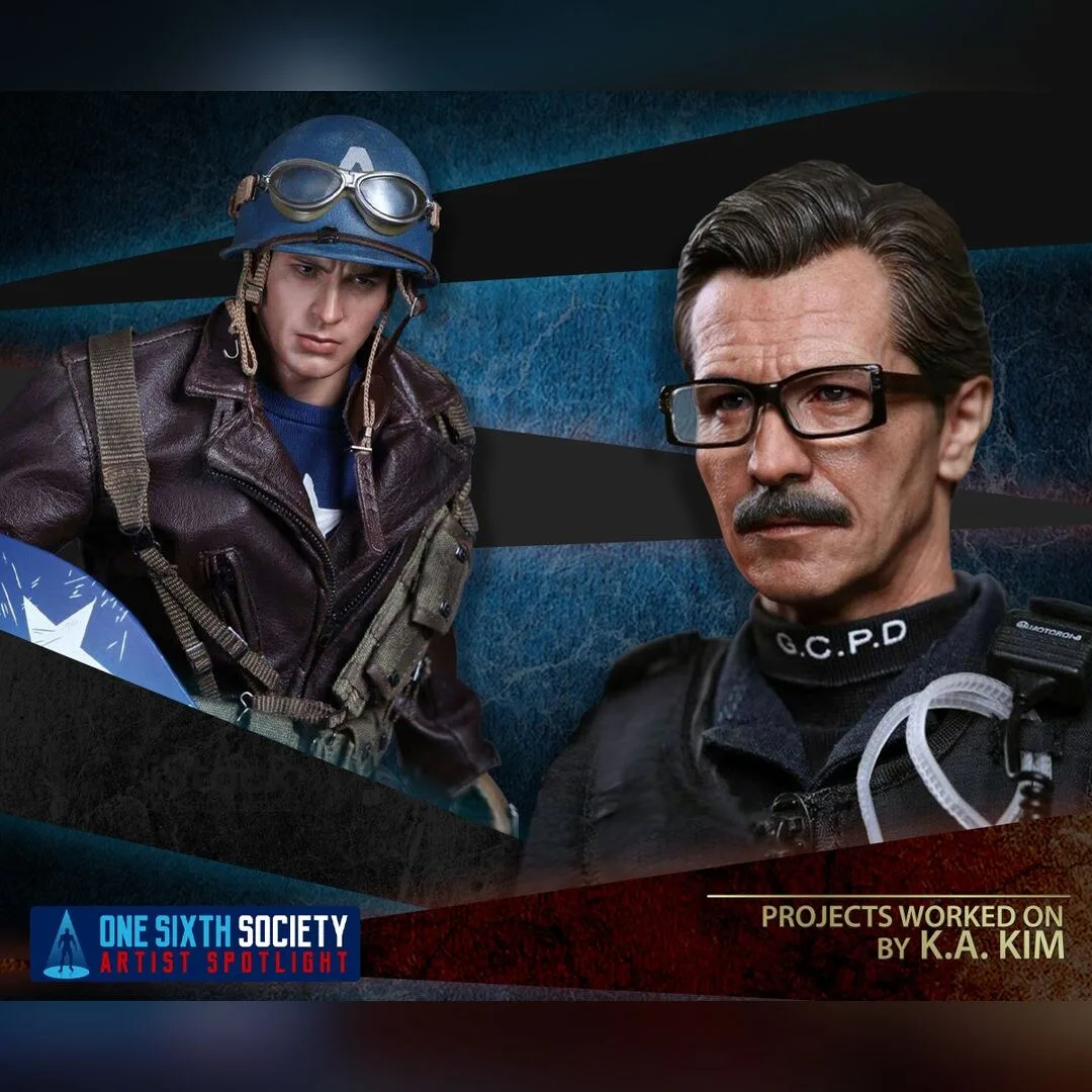 Captain America in a blue helmet and goggles beside Commissioner Gordon wearing glasses and a police vest, in a K.A. Kim portfolio collage.