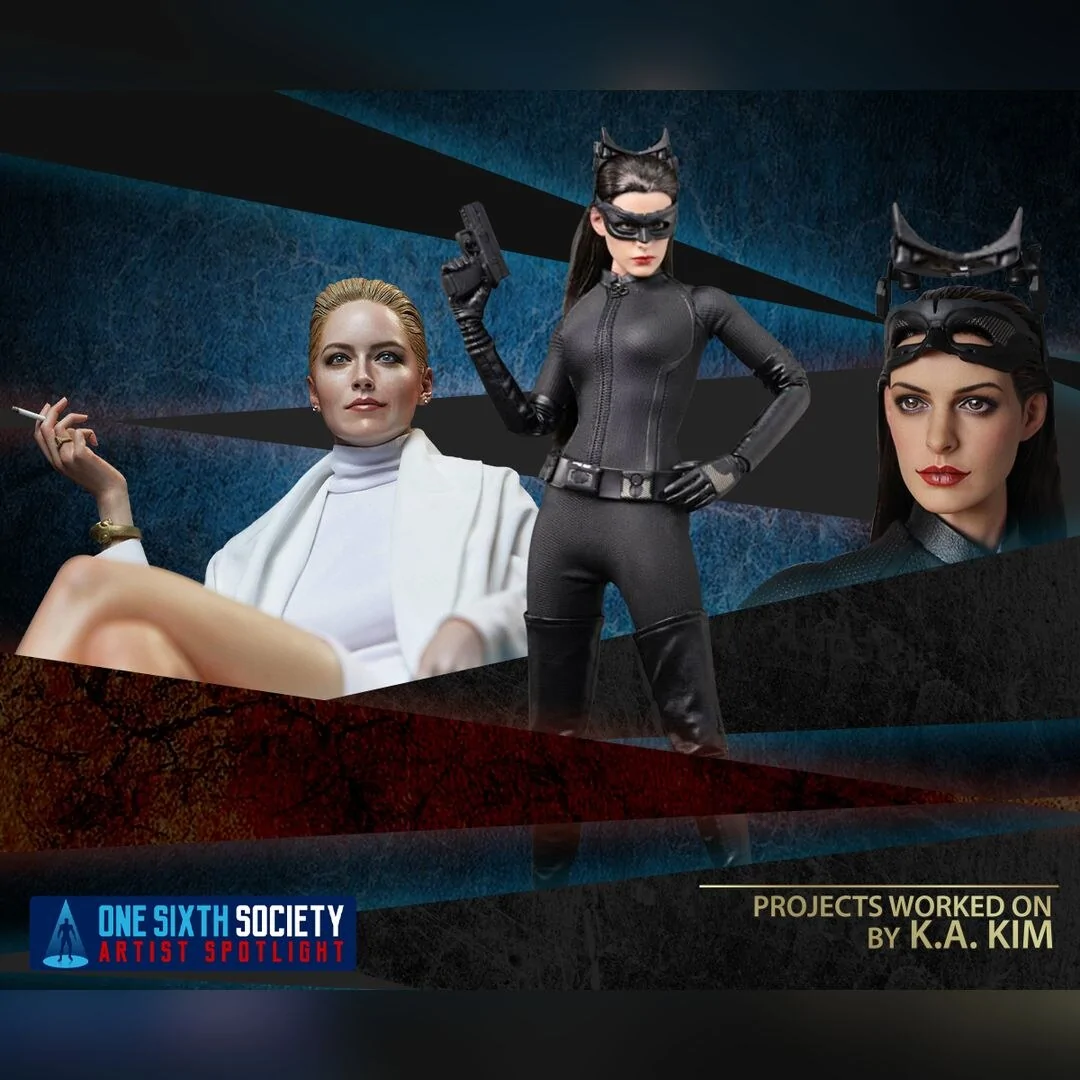 K.A. Kim project collage showing Catwoman in a black suit and goggles beside the seated Basic Instinct figure in white.