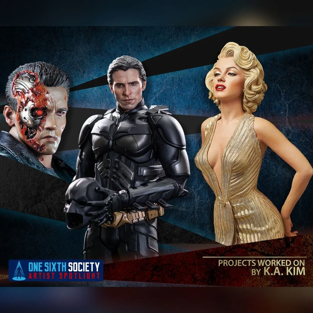 K.A. Kim portfolio collage with a battle-damaged Terminator head, an unmasked Batman figure and Marilyn Monroe in a gold dress.