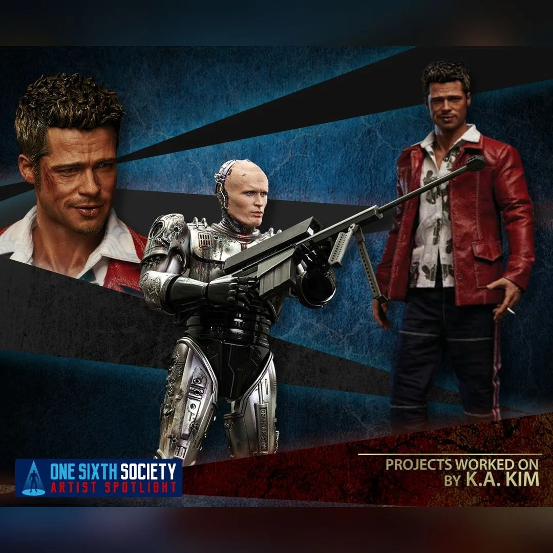 Tyler Durden in a red jacket and an unhelmeted RoboCop holding a long firearm in a K.A. Kim project collage.