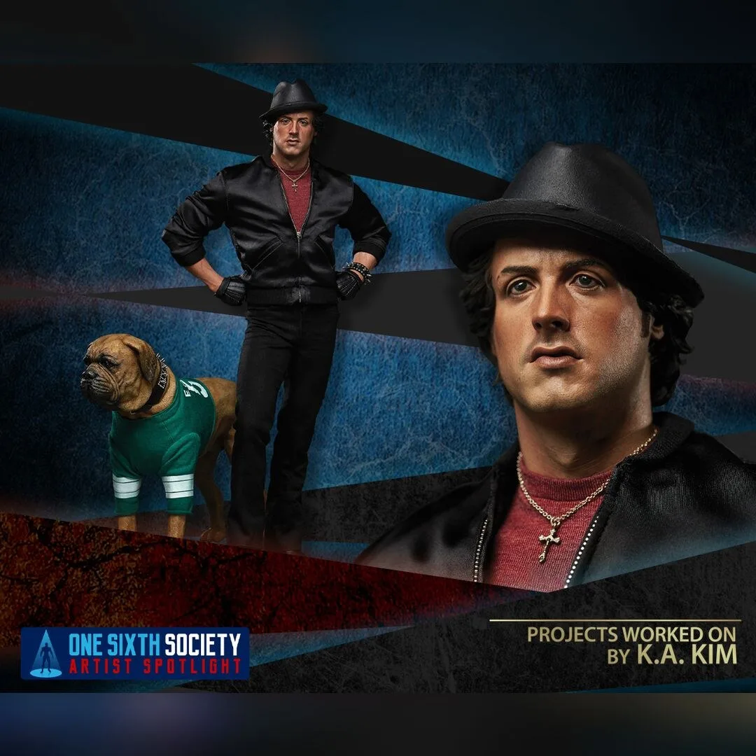 K.A. Kim's Rocky statue shown full length beside a dog, with a close-up of Rocky's face beneath a black hat.