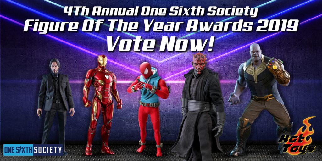 Historical 2019 voting graphic showing Hot Toys John Wick, Iron Man Mark 50, Scarlet Spider, Darth Maul and Thanos against neon lines.