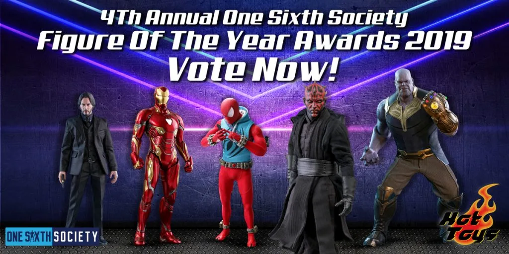 Historical 2019 voting graphic showing Hot Toys John Wick, Iron Man Mark 50, Scarlet Spider, Darth Maul and Thanos against neon lines.