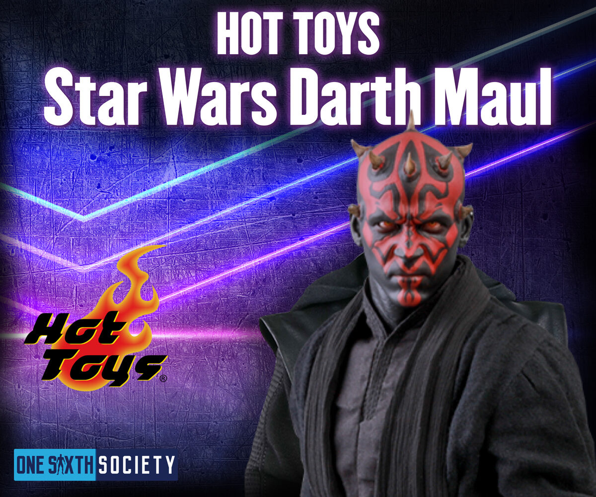 Hot Toys Darth Maul head-and-shoulders portrait showing red-and-black facial markings, horns and layered black robes.