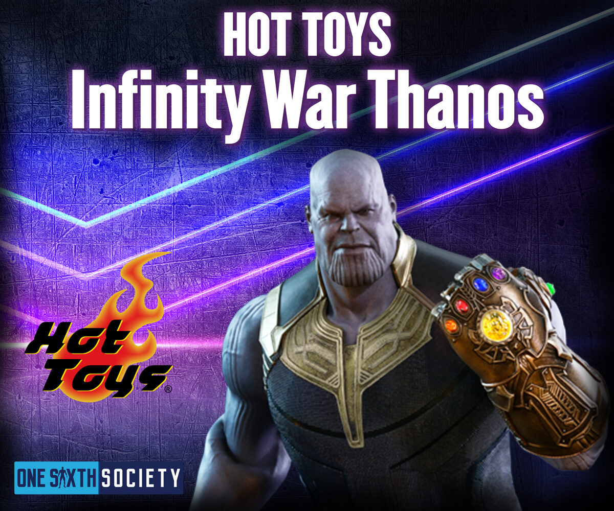 Hot Toys Infinity War Thanos in a sleeveless dark outfit, holding up the gold Infinity Gauntlet with colored stones.
