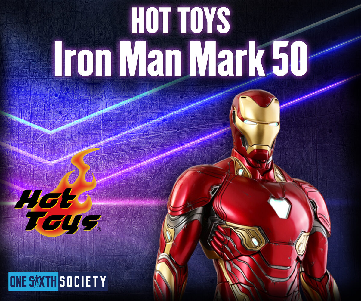 Hot Toys Iron Man Mark 50 shown from the waist up in red-and-gold armor with the chest arc reactor visible.