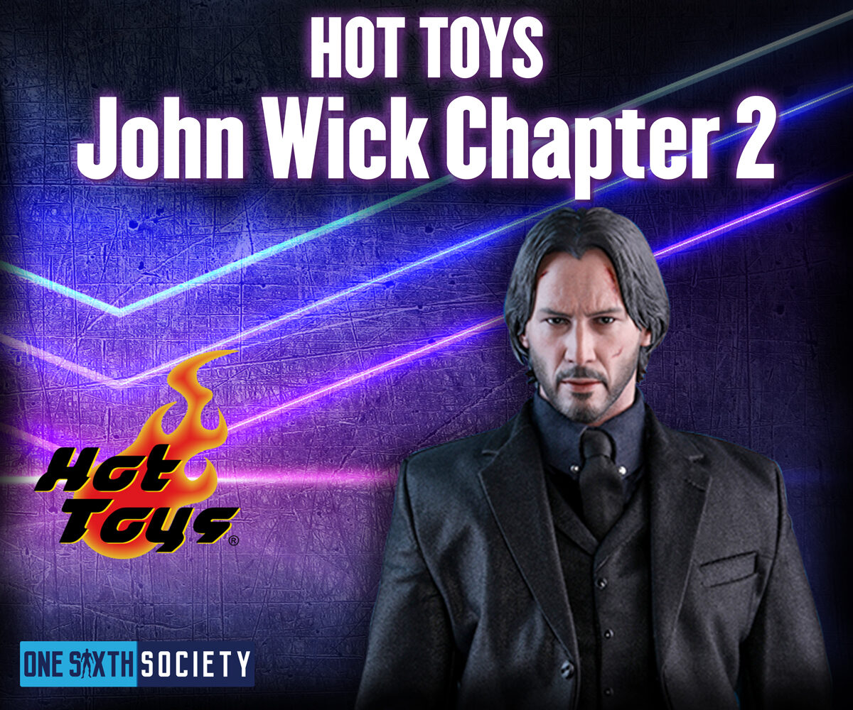 Hot Toys John Wick: Chapter 2 figure wearing a black suit, shirt and tie, with shoulder-length dark hair.