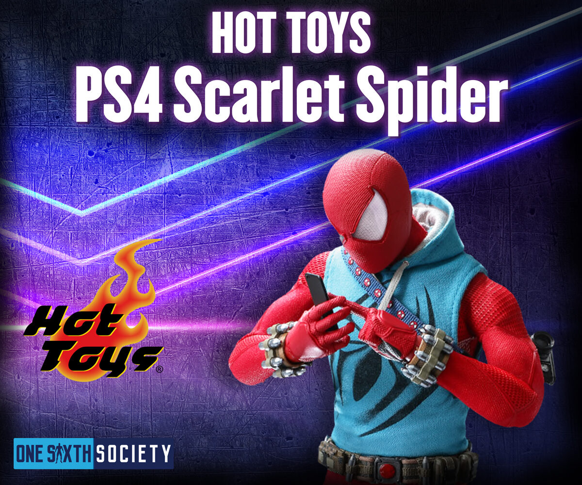 Hot Toys Scarlet Spider in a red suit and sleeveless blue hoodie, looking down at a smartphone held between his hands.
