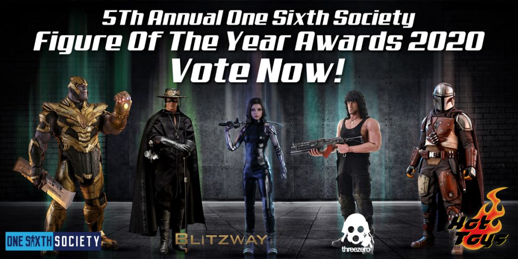 Historical 2020 awards voting graphic showing Thanos, Zorro, Alita, Rambo and the Mandalorian with their manufacturer logos.