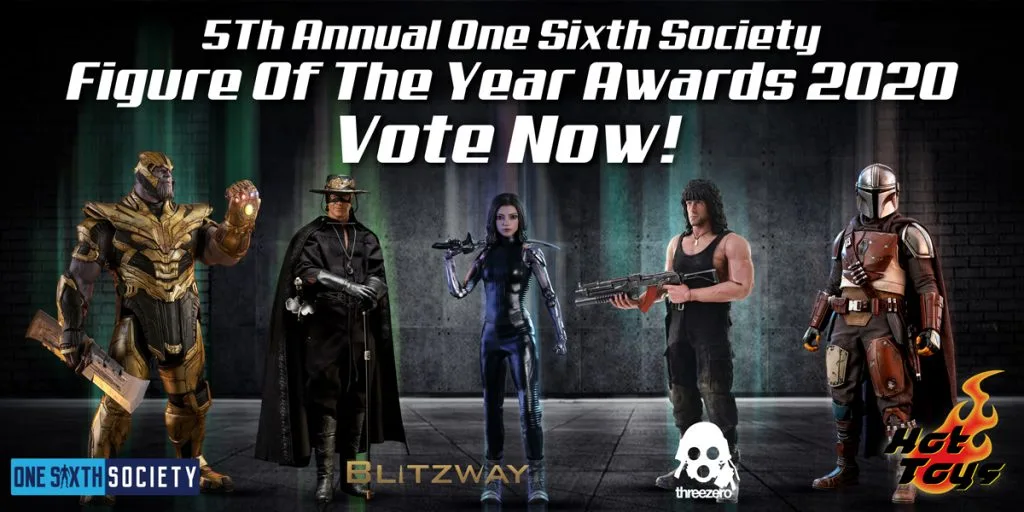Historical 2020 awards voting graphic showing Thanos, Zorro, Alita, Rambo and the Mandalorian with their manufacturer logos.