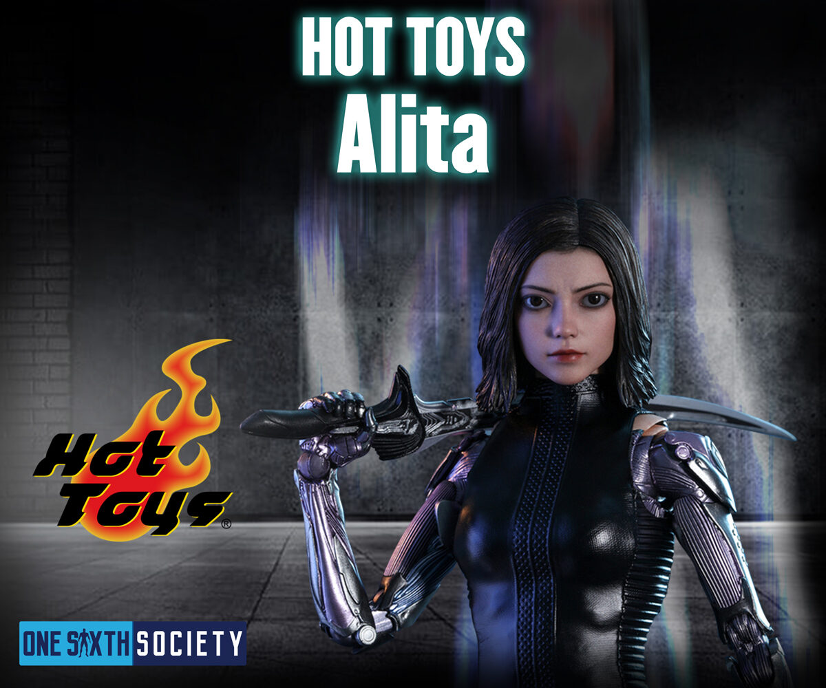 Hot Toys Alita figure in a black outfit with exposed mechanical arms, resting a sword across her shoulder.